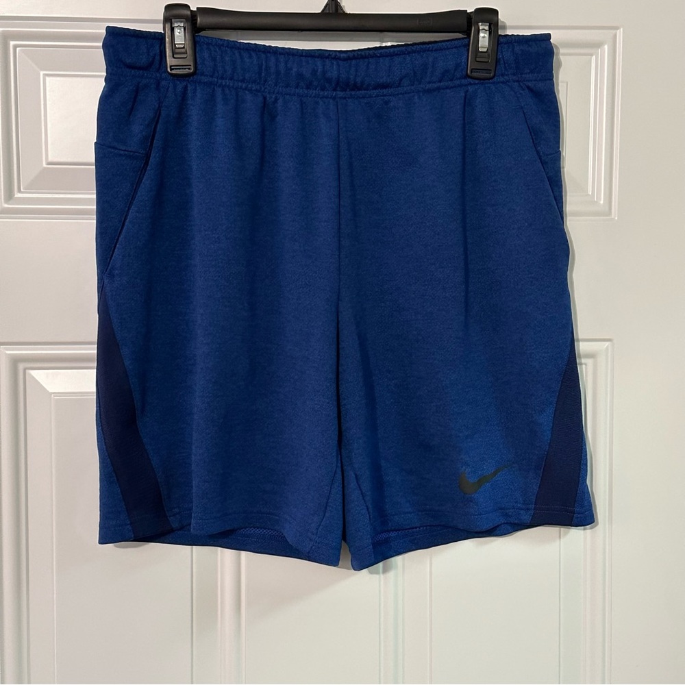Nike Gym Shorts Royal Blue Polyester Black Swoosh Dri Fit 7" Inseam Size Large